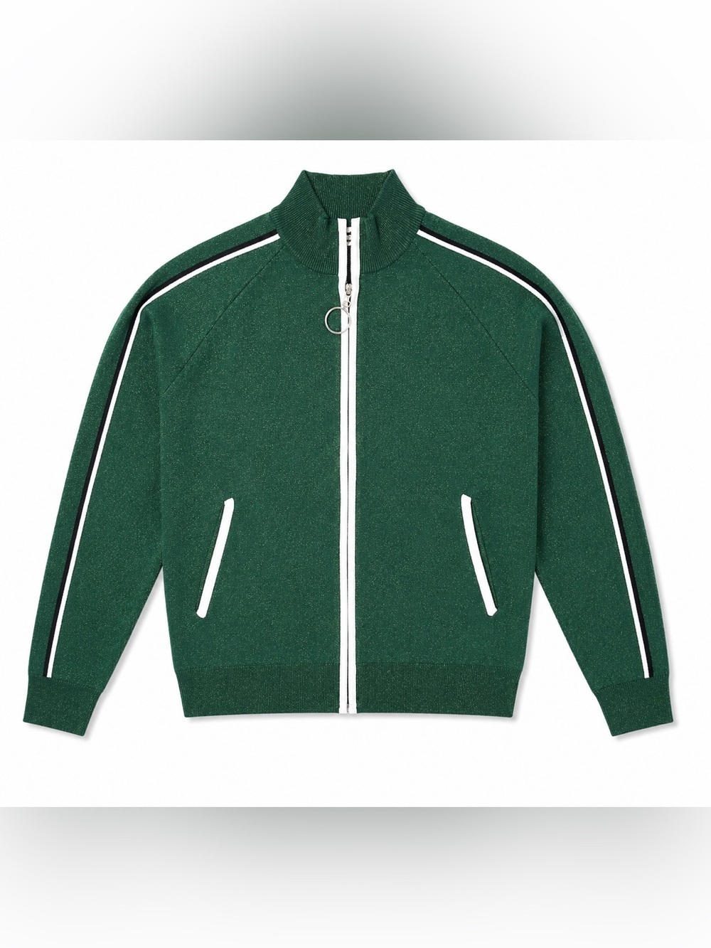 SUNCOO Metallic Forest Green Zip-Front Cardigan with White Trim